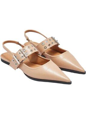 Women's Tan Leather Buckled Straps Pointed Toe Slingback Flat Ballerina Shoes